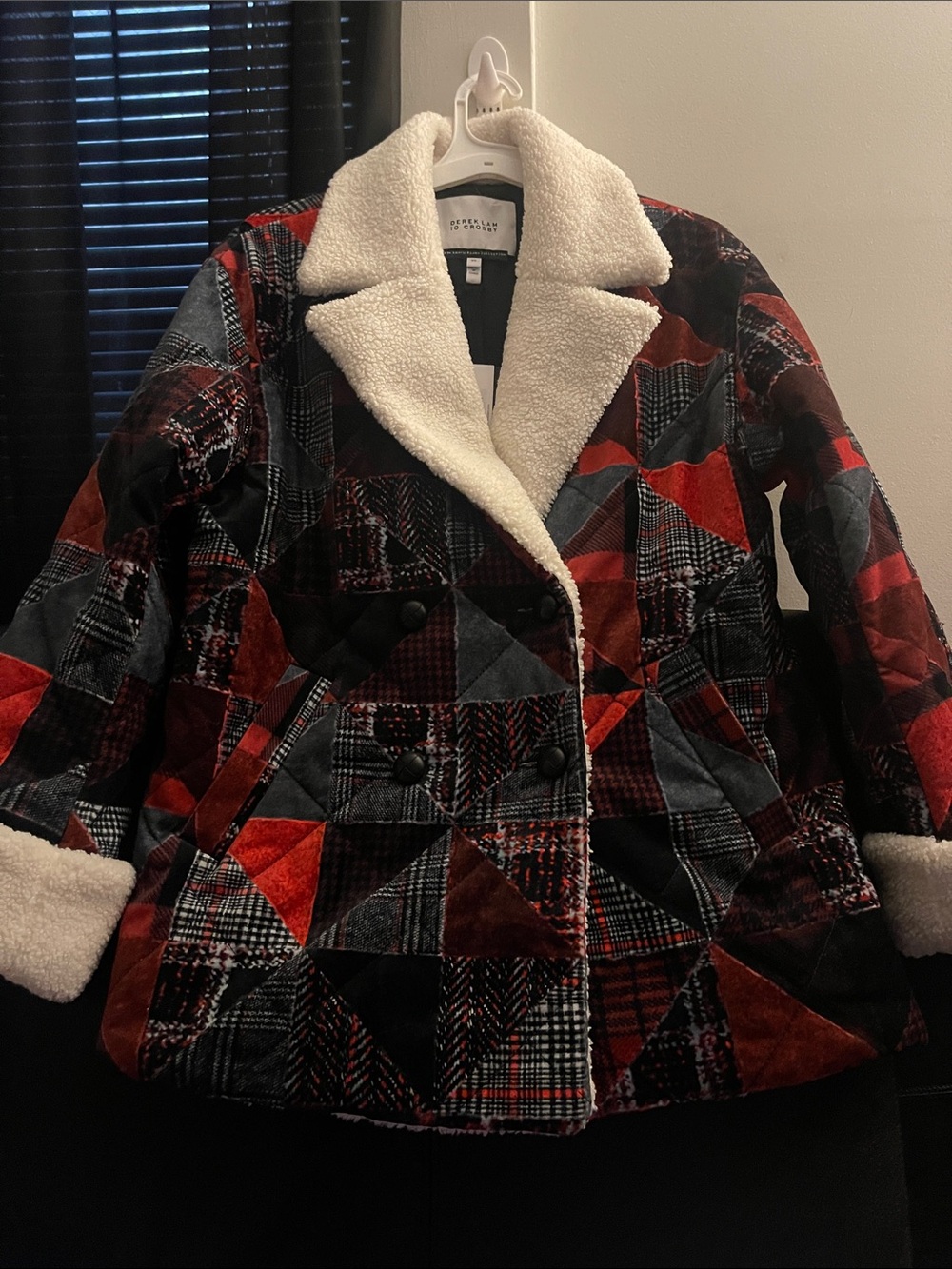 Derek Lam 10 Crosby Hayden Quilted Red Black Faux Fur Coat Peacoat Large NWT
